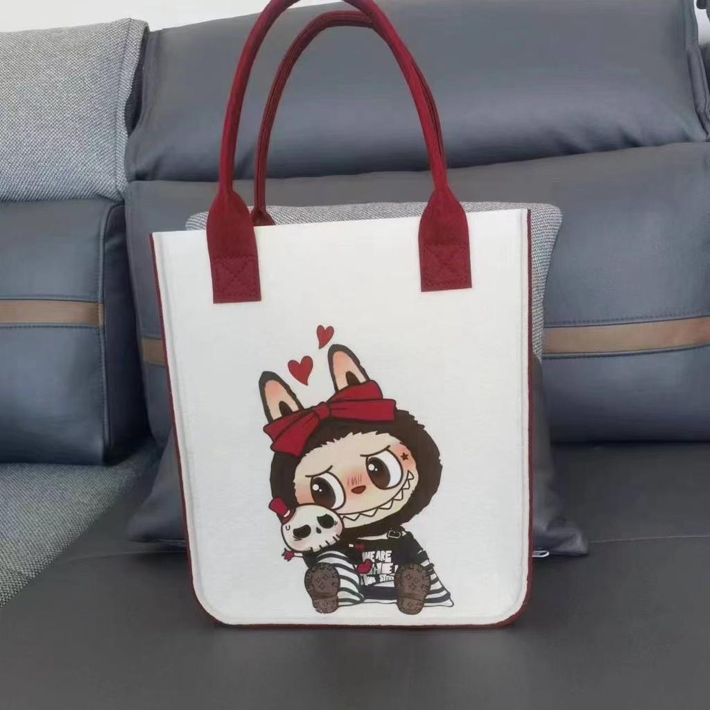 New Labubu Felt Cartoon Printed Bag Handbag Felt Bag Accompanying Handbag Gift Student Work Shoulder Bag