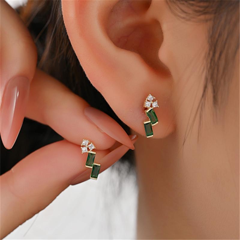 925 Sterling Silver Trendy Minimalist Geometric Green Zircon Design Stud Earrings For Women Vacation Daily Fine Jewelry