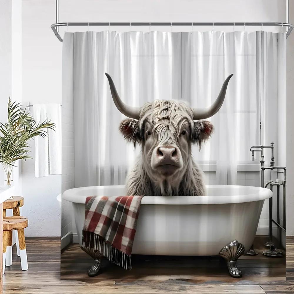 Roliga badande djur Duschdraperier Get Höglandsko Elefant Hund Gris Badrumsdekorationer Bad Djur Badkarsdraperi