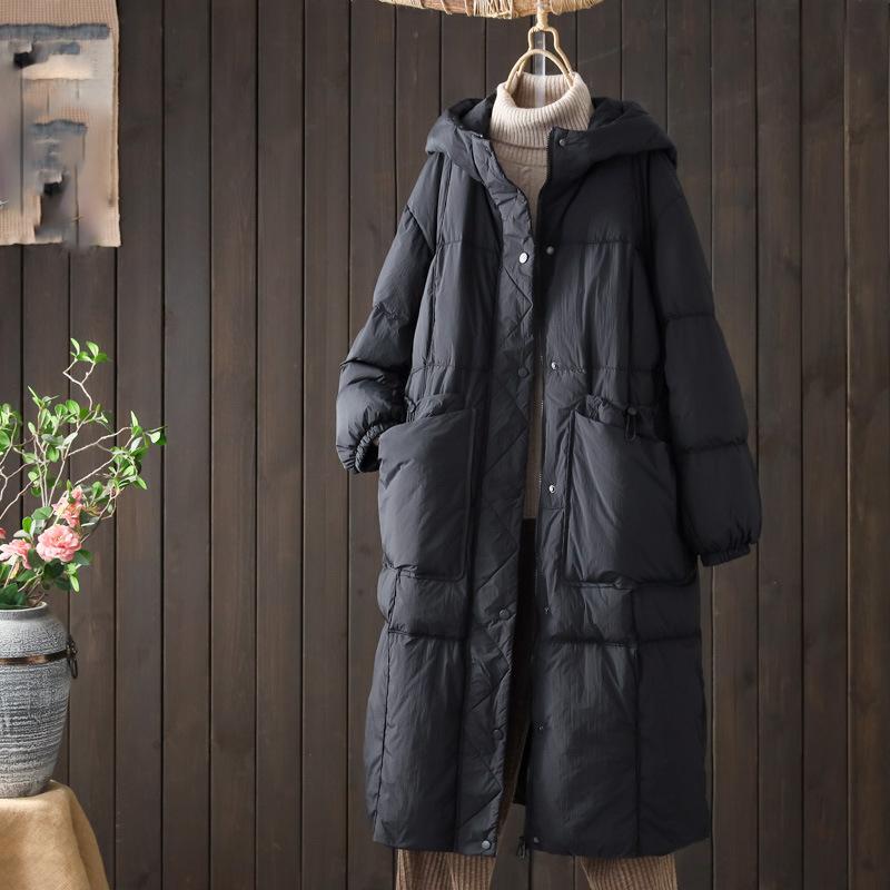 

Женский пуховик из белого утиного пуха, длинный, повседневный, свободного кроя, осенне-зимняя верхняя одежда с капюшоном, теплое пальто, большие карманы, корейский стиль XS