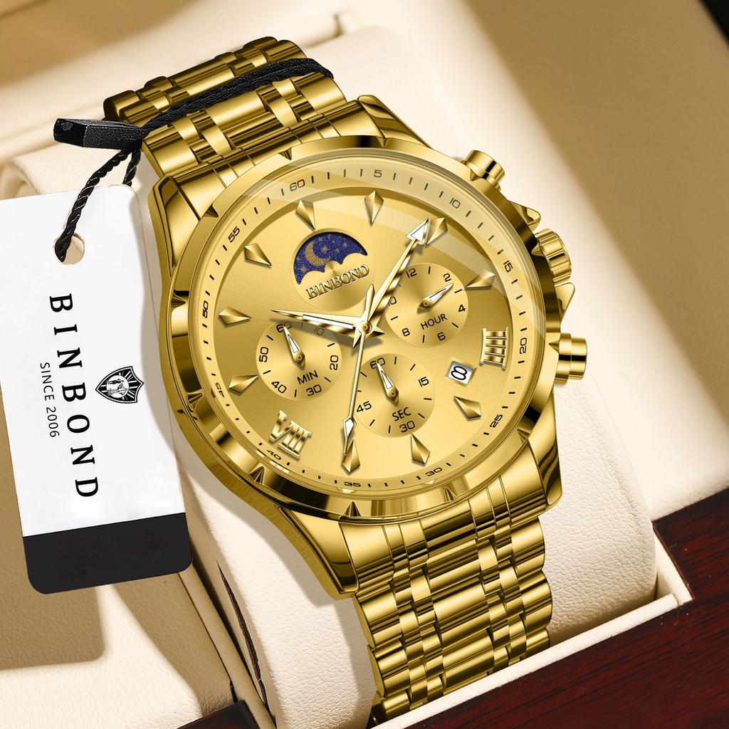 Mens Business Chronograph Watch Stainless Steel Analog Moon‑Phase Wristwatch Waterproof Luminous