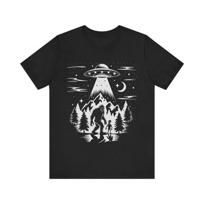 Bigfoot and Alien UFO Night Scene Graphic Art Design T-Shirt