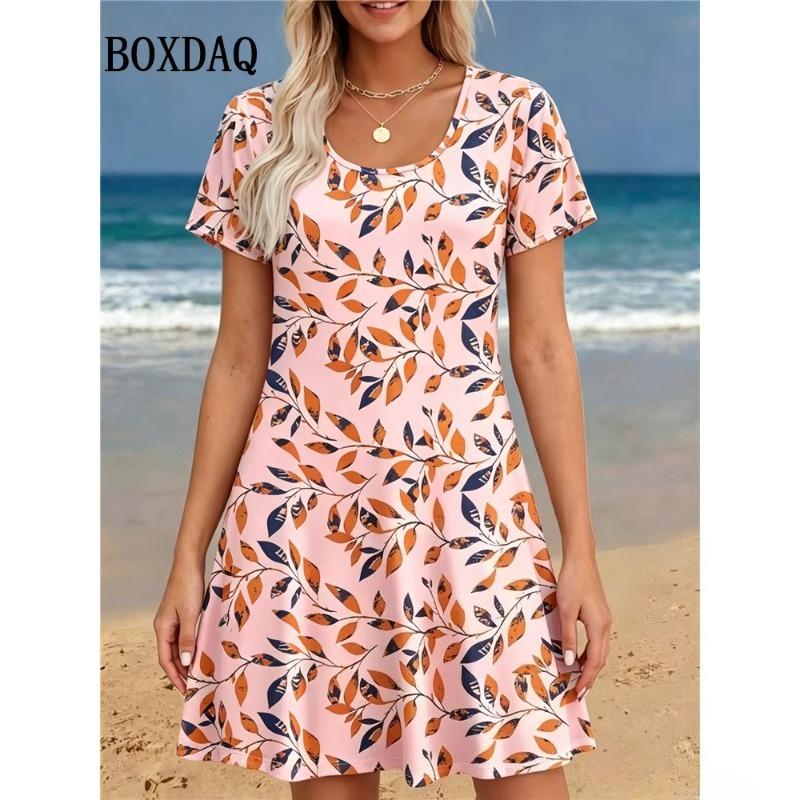 Summer Ladies Leaf 3D Printed Short Sleeve Dress