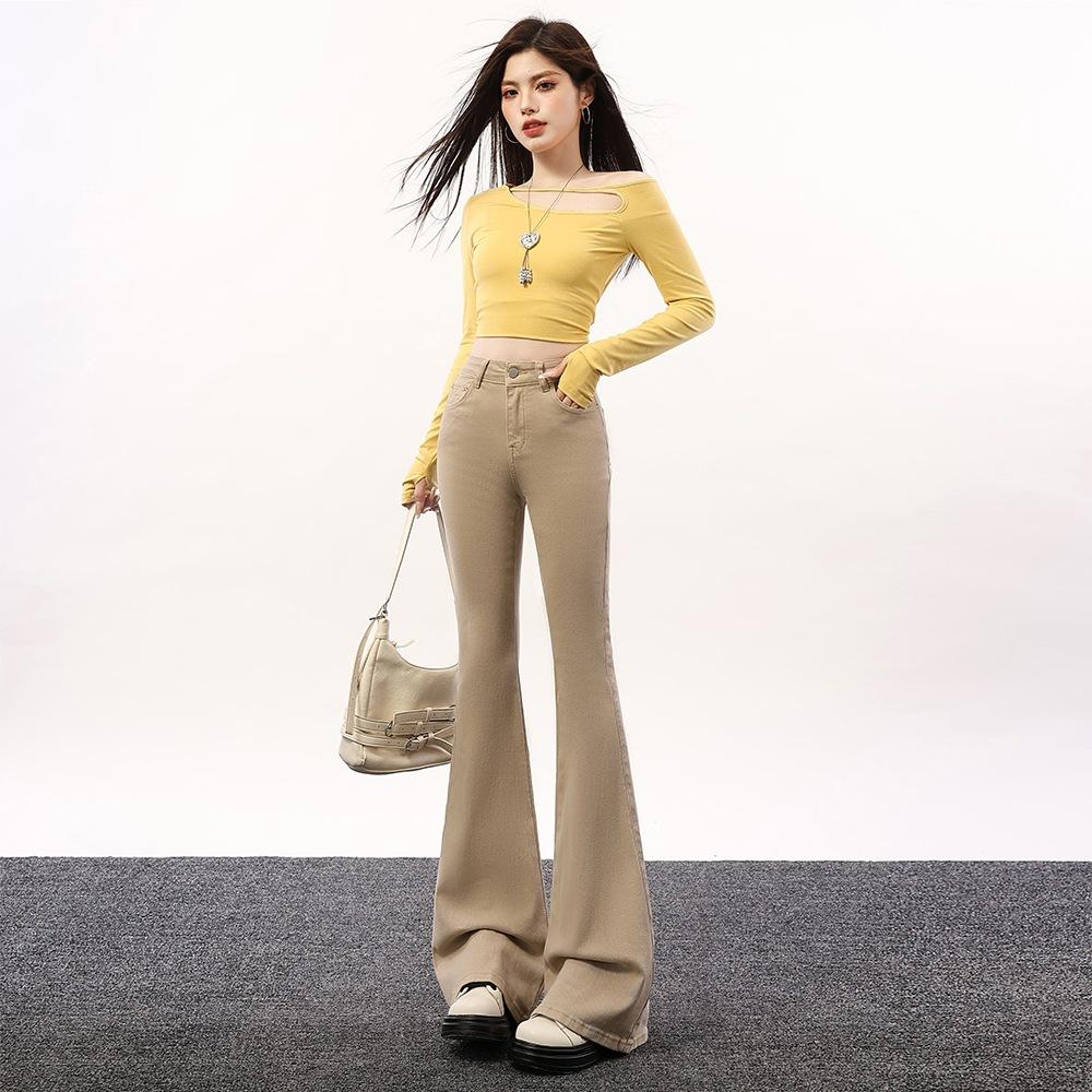New milk tea gray cotton elastic slightly pulled jeans women lengthened tall autumn and winter slim and thin horn