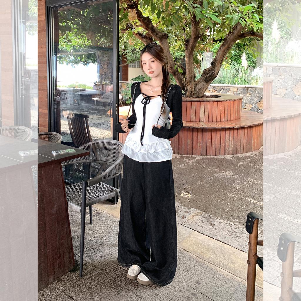 Korean great-looking U-neck lace hem vest, sling women's stacked wear lace-up sunscreen cardigan, two-piece top autumn