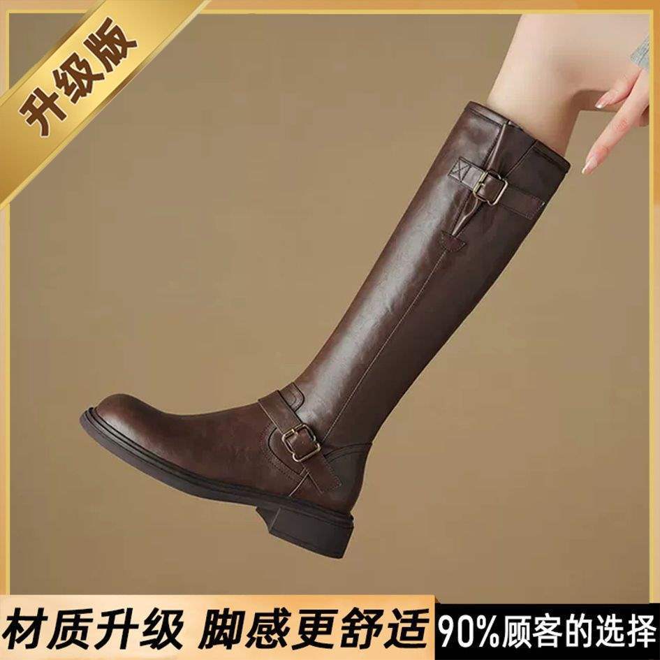 Braune runde Gürtelschnalle lange Ritterstiefel Damen 2025 neu Herbst und Winter Samt aber kniedünne hohe Stiefel
