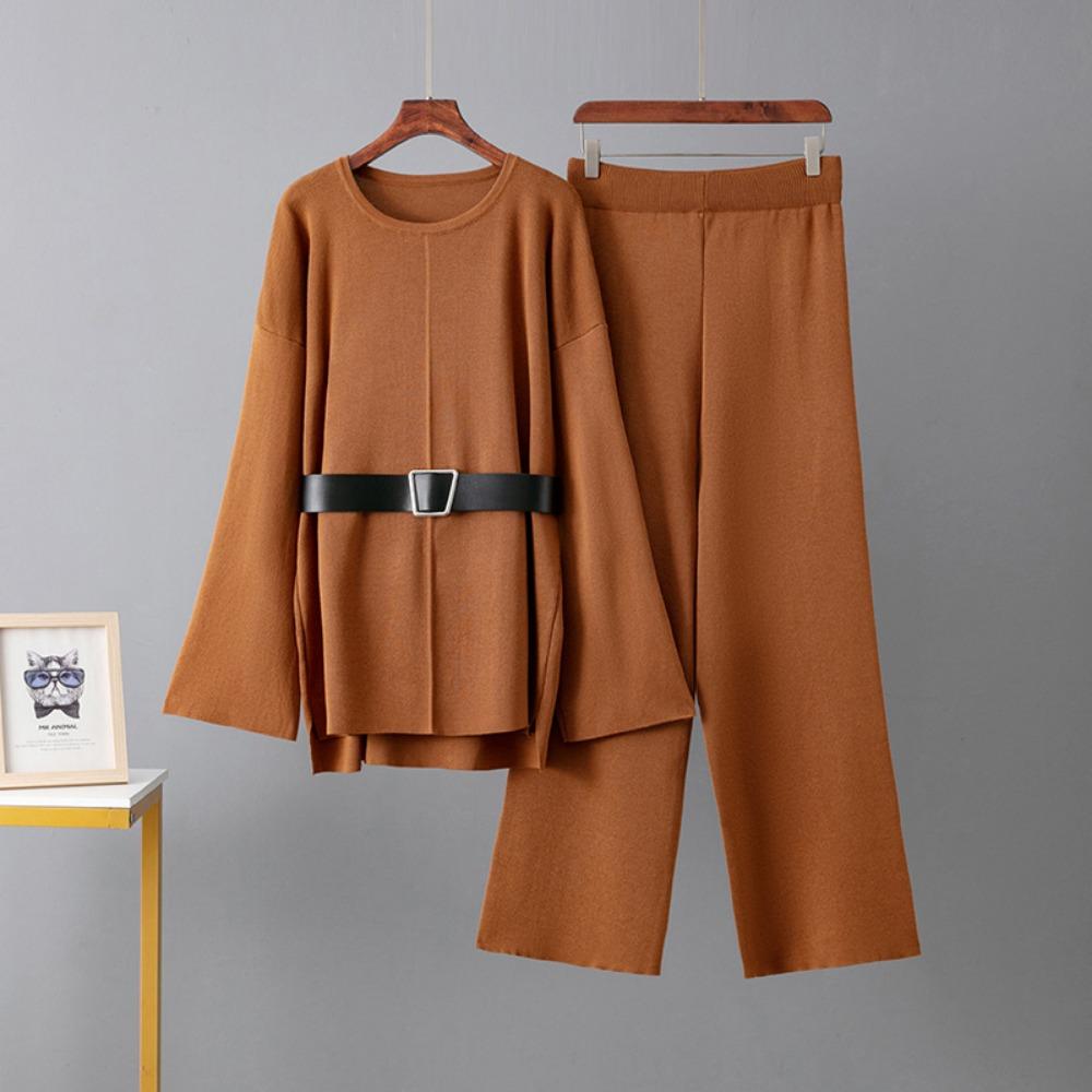 Pletené kalhoty se širokými nohavicemi, pas, svetrový oblek, dámský jarní a podzimní volný módní temperamentní dvoudílný oblek