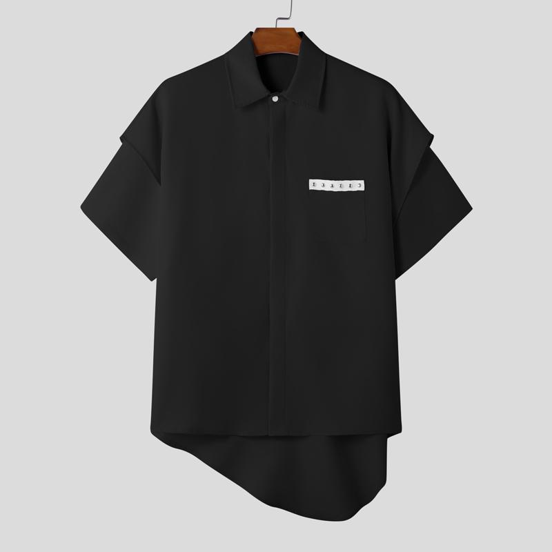 

INCERUN Summer Men Layers Short Sleeve Patchwork Buttons Down Oversized Irregular Shirts Tops чёрный