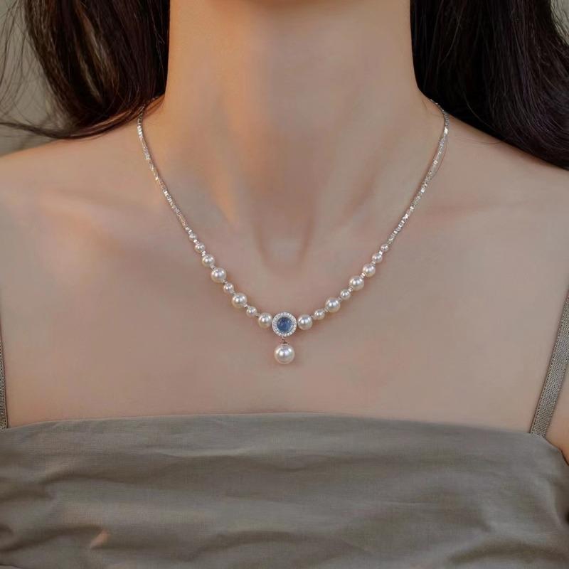 

Винтажное ожерелье с синим кристаллом и жемчугом, легкая роскошь и модное ожерелье с универсальным дизайном