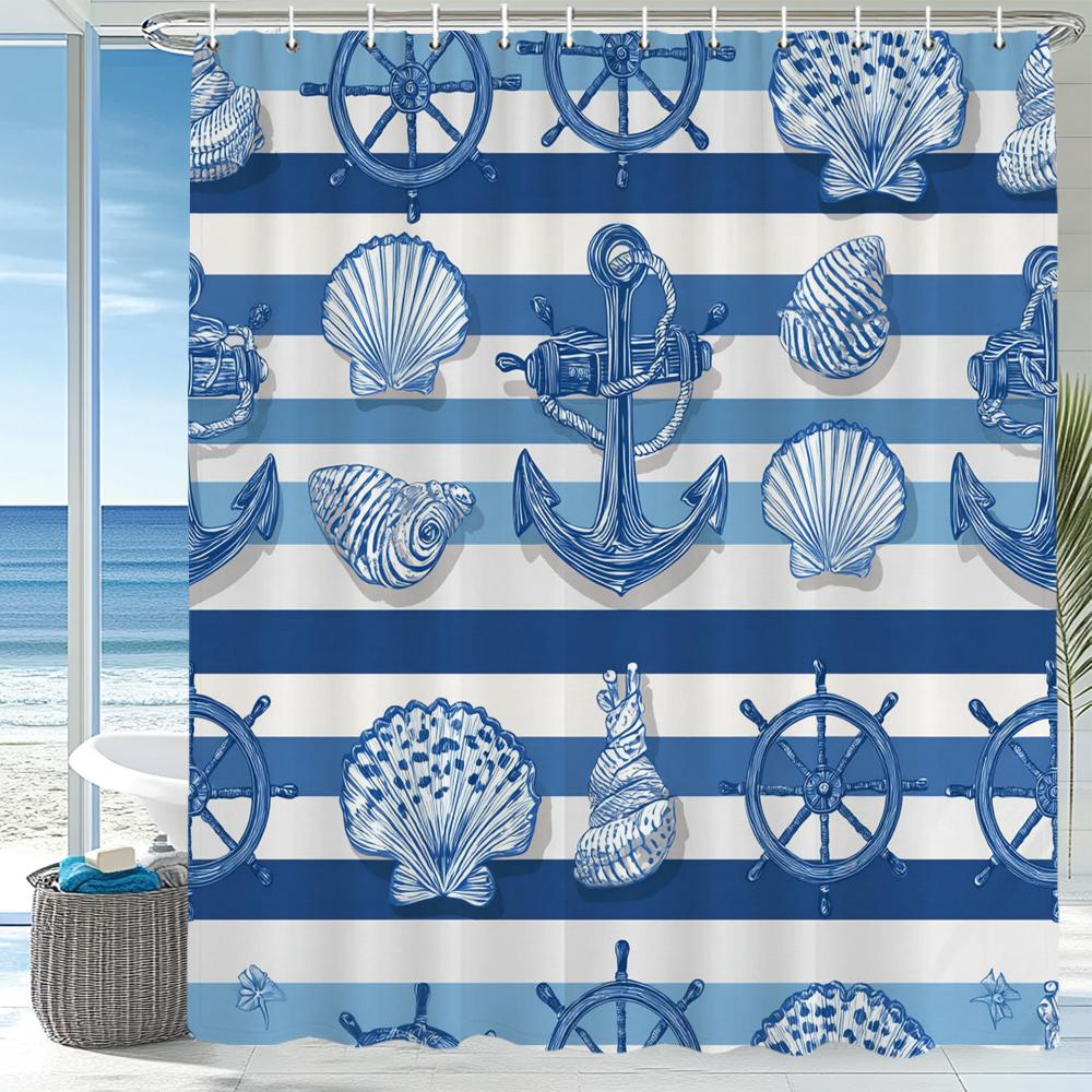 

Modern Blue Stripes Sailing Style Shower Curtain, Bathroom Decorative Shower Curtain, Printed Fabric Shower Curtain With Hooks W60H190(CM)-1 Pcs