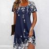 Damen Midi-Kleid mit Rundhalsausschnitt, kurzen Ärmeln, Regular Fit, mittelhohem Bund, Blumendruck, lässiges, lockeres Tunika-Kleid