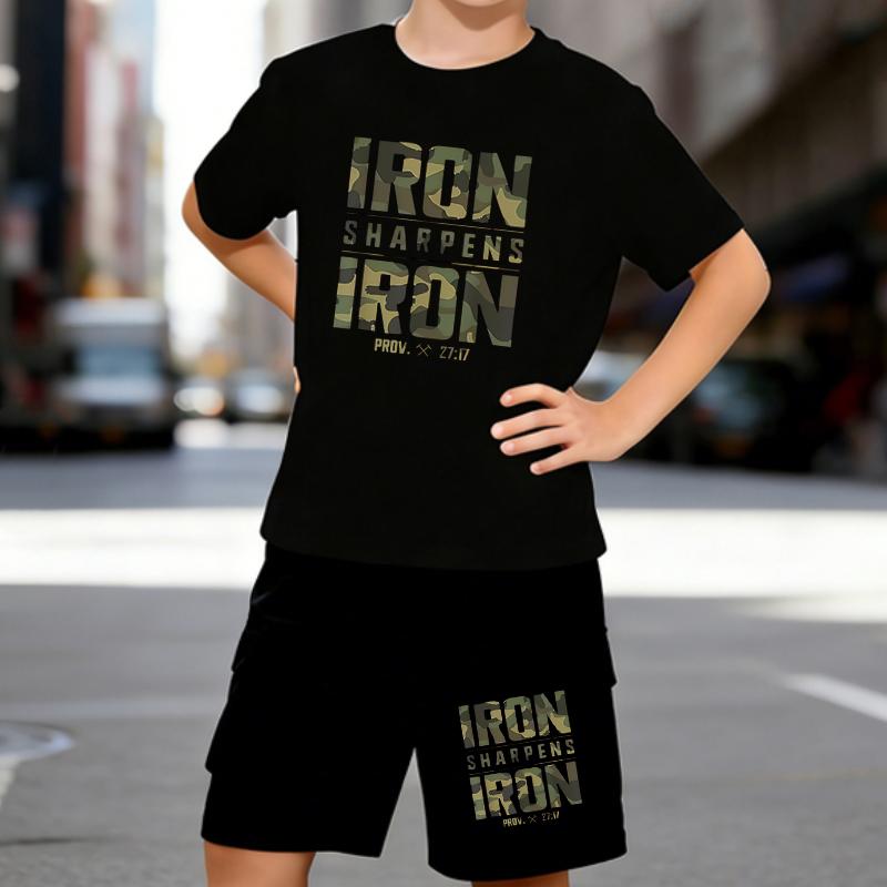 

Boys 2 Piece Iron Sharpens Iron Printed outfit, Short Sleeve T-Shirt and Shorts Set for Kids Age 5-14,Black ,White Sporty Casual Summer Clothes 5-6 Years чёрный