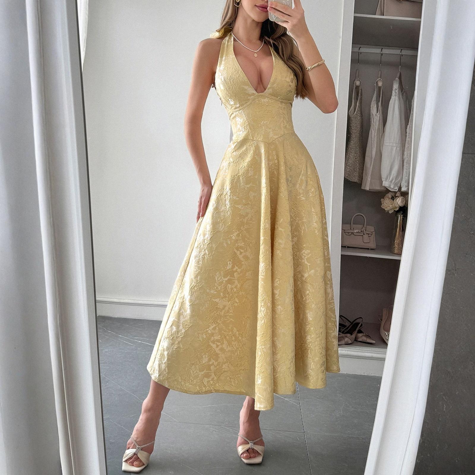 

Women s Fashionable Solid Color Elegant Temperament Hanging Neck Waistband Dress S жовтий