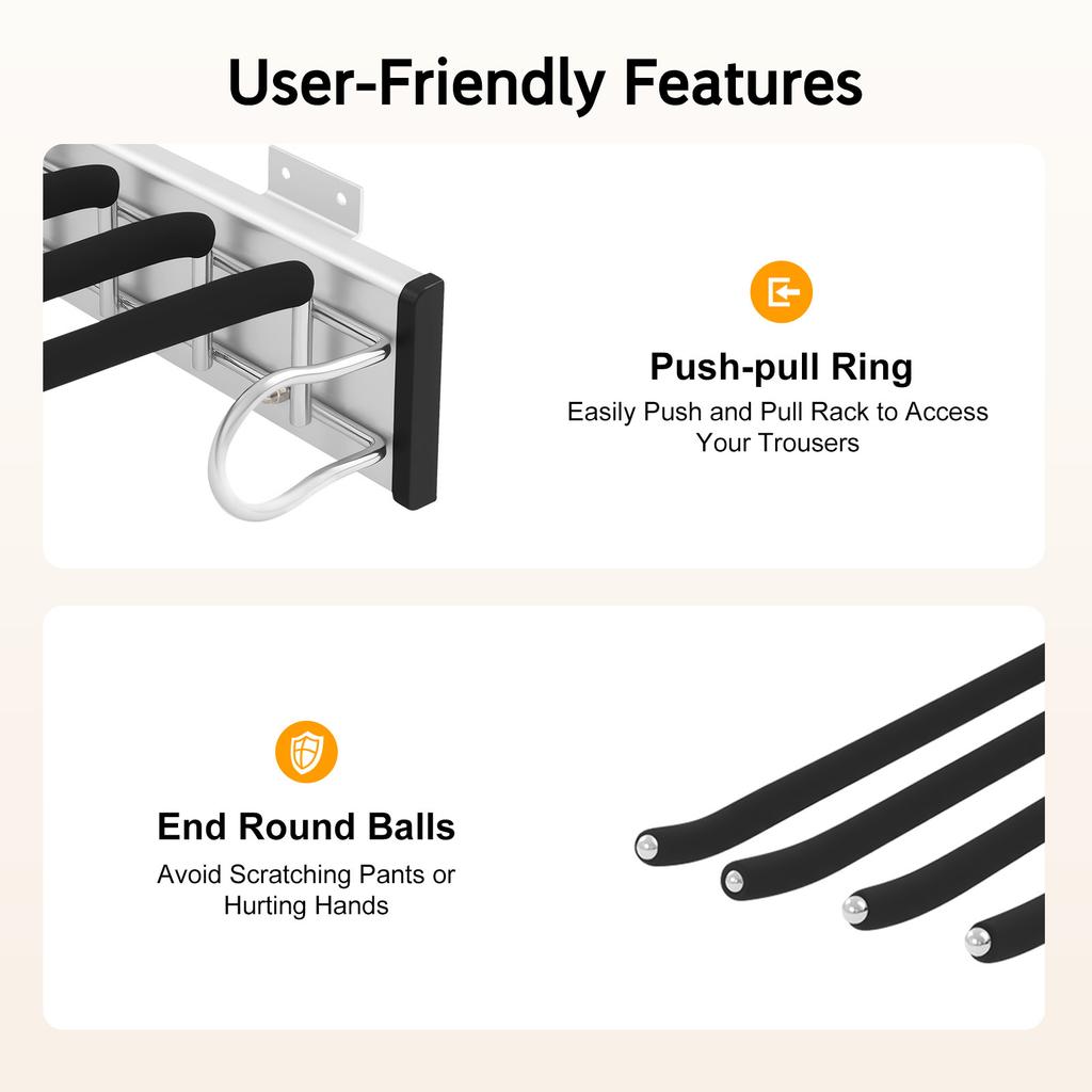 9-Rod Pull-Out Pants Rack – Heavy Duty Slide-Out Trouser Organizer with Silent Rails & Anti-Slip Flocking – Black/Silver