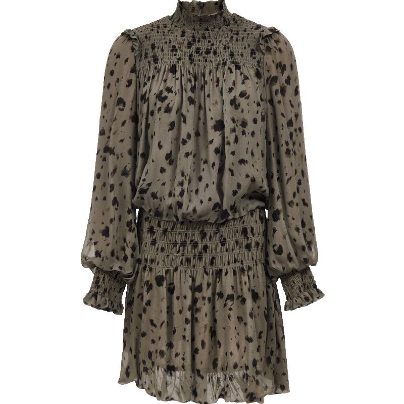 ONLY Women s 2025 Fall Retro Print Puff Sleeve High-Neck Pleated Dress M