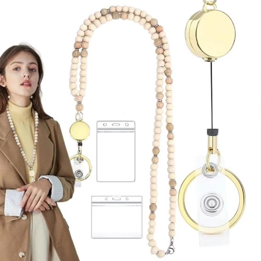 Retractable ID Badge Holder Lanyard Natural Wood Bead Bead Teacher Lanyard  School Use