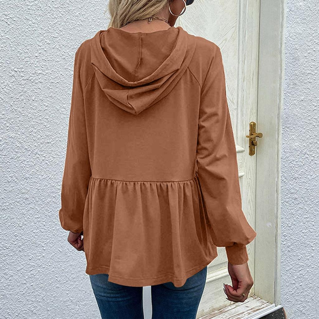 Women's Casual Hoodie Ruffle Tops, Long Sleeve Hooded Long Sleeve Solid Color Sweatshirt