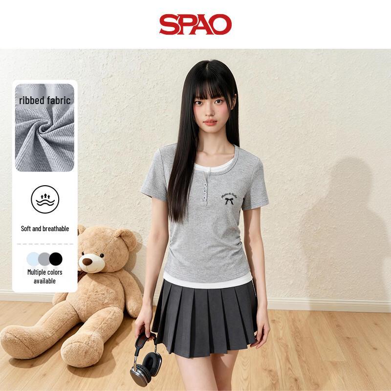 SPAO Women's Contrast Faux Two-Piece Short Sleeve T-Shirt