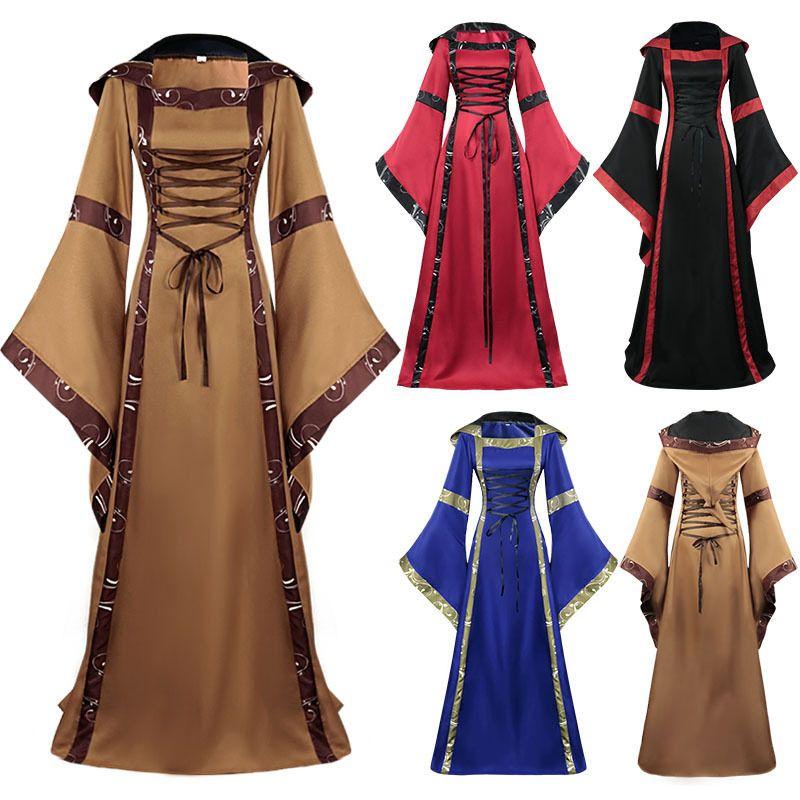 2020wish Foreign Trade European and American Medieval Retro Hood Dress Square Collar Lace-up Bell Sleeve Swing Skirt