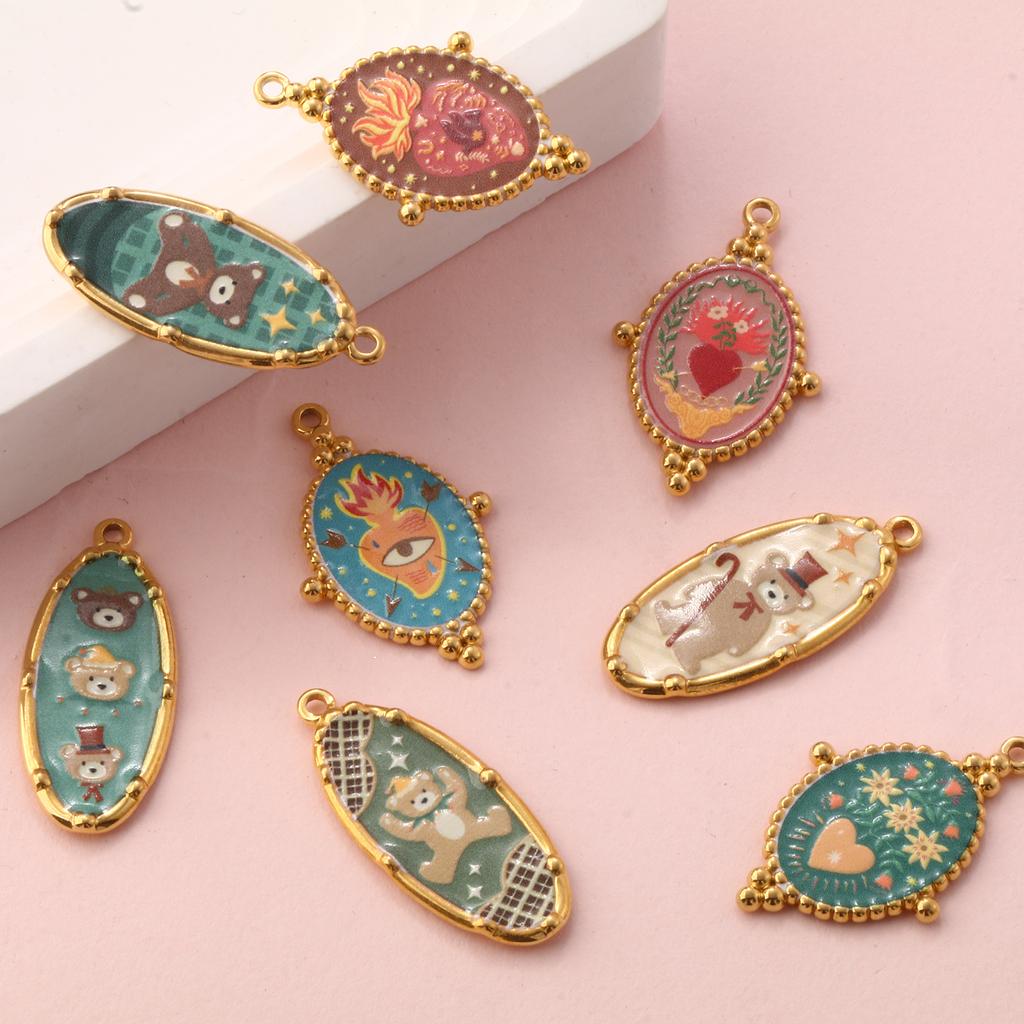 1PC Bear Heart Printed 304 Stainless Steel Pendants 18K Gold Plated Multicolor Enamel Charms Making Necklace  Jewelry Findings
