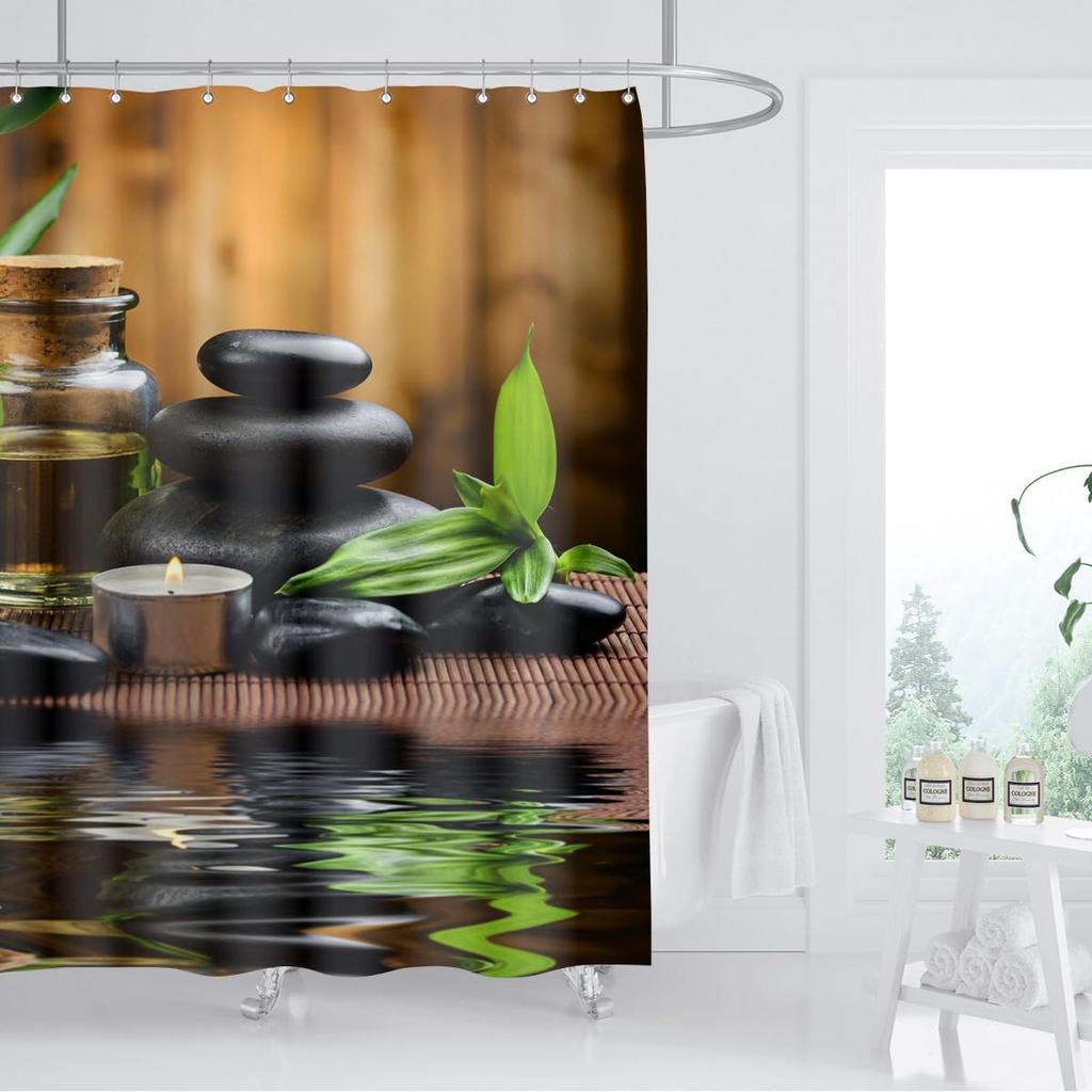 Zen Spa Shower Curtain Basalt Stones Herbal Oil Scent Candles Bamboo And Water Reflection Relaxing Meditation Home Dcor Waterpr
