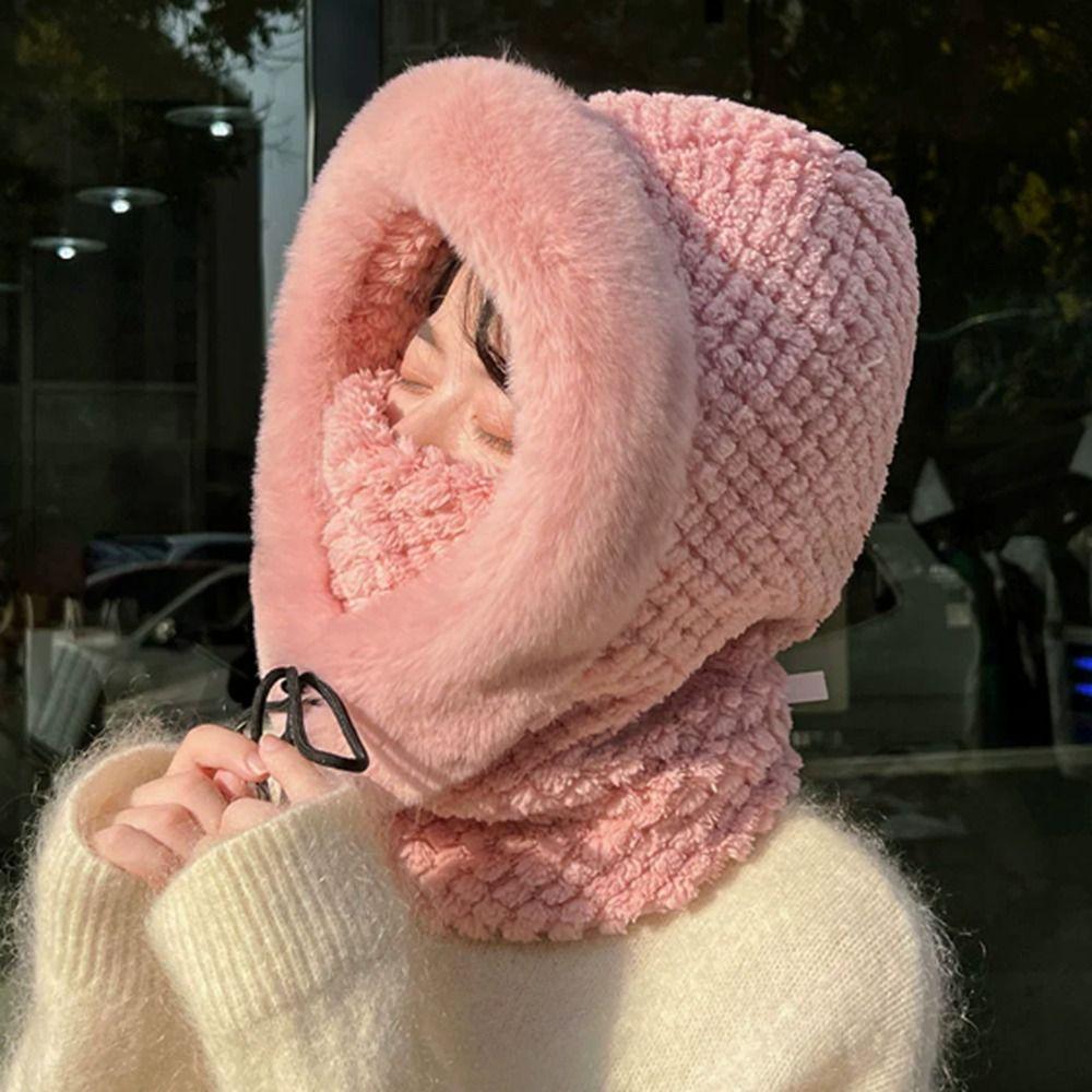 Thickened Beanies Cap Plush Ear Protection Hat Fashion Integrated Scarf Hat Set  Outdoor