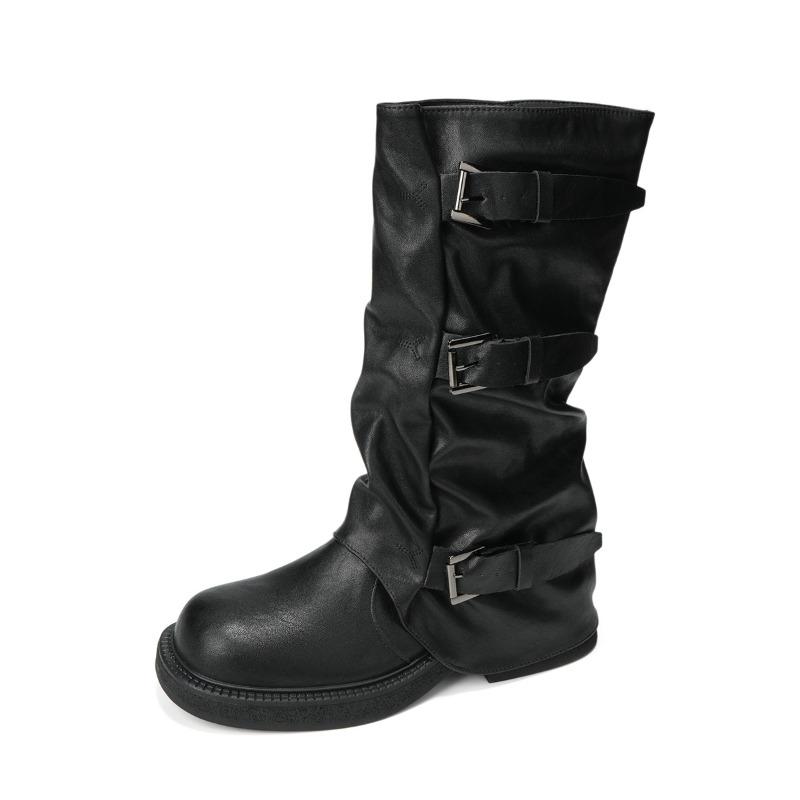 Round-toed Retro Thick-soled Trouser Boots Women's Shoes, New Niche Long Boots, Pleated Pile Boots, Long Boots