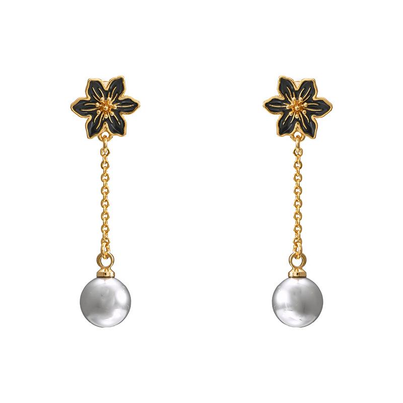 Elegant Black Lily and Gray Pearl Tassel Earrings with 925 Silver Studs