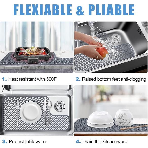 JUSTOGO Silicone Sink Mat, Left & Right Drain Sink Protectors for Kitchen, Non-slip Heat Resistant Grid Kitchen Accessory (28.2''x 14.2'')