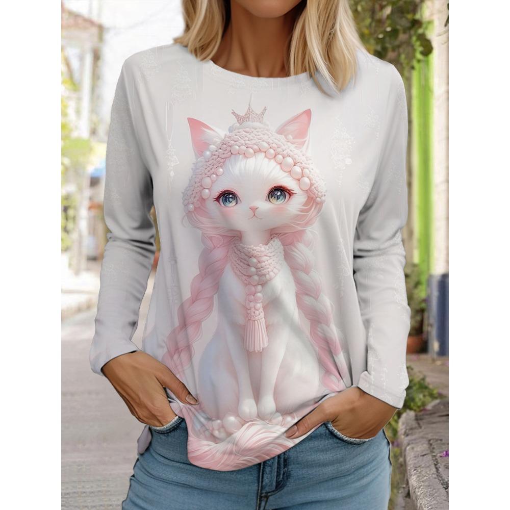 Women's long sleeved 3D printed cute printed cat T-shirt