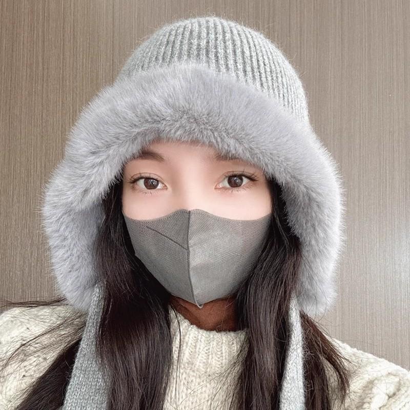 Rabbit plush knitted ear protection hat parent child winter cycling hat plus velvet windproof and cold resistant warm woolen hat cold hat winter