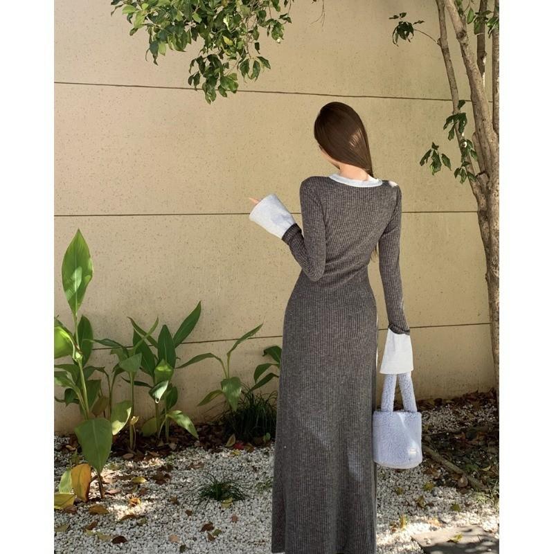 Korean Style Strikes, Contrasting Colors, Semi-open Neck Knitted Dress, Design Sense, Niche Temperament, Hip-wrapped Long Skirt Shows Personality