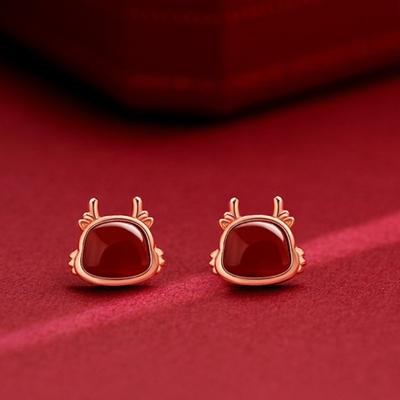 Kolczyki ze srebra próby 925 Lucky Dragon Red Agat Ear Studs dla kobiet, chiński znak zodiaku, rok urodzenia, narodowy modny styl