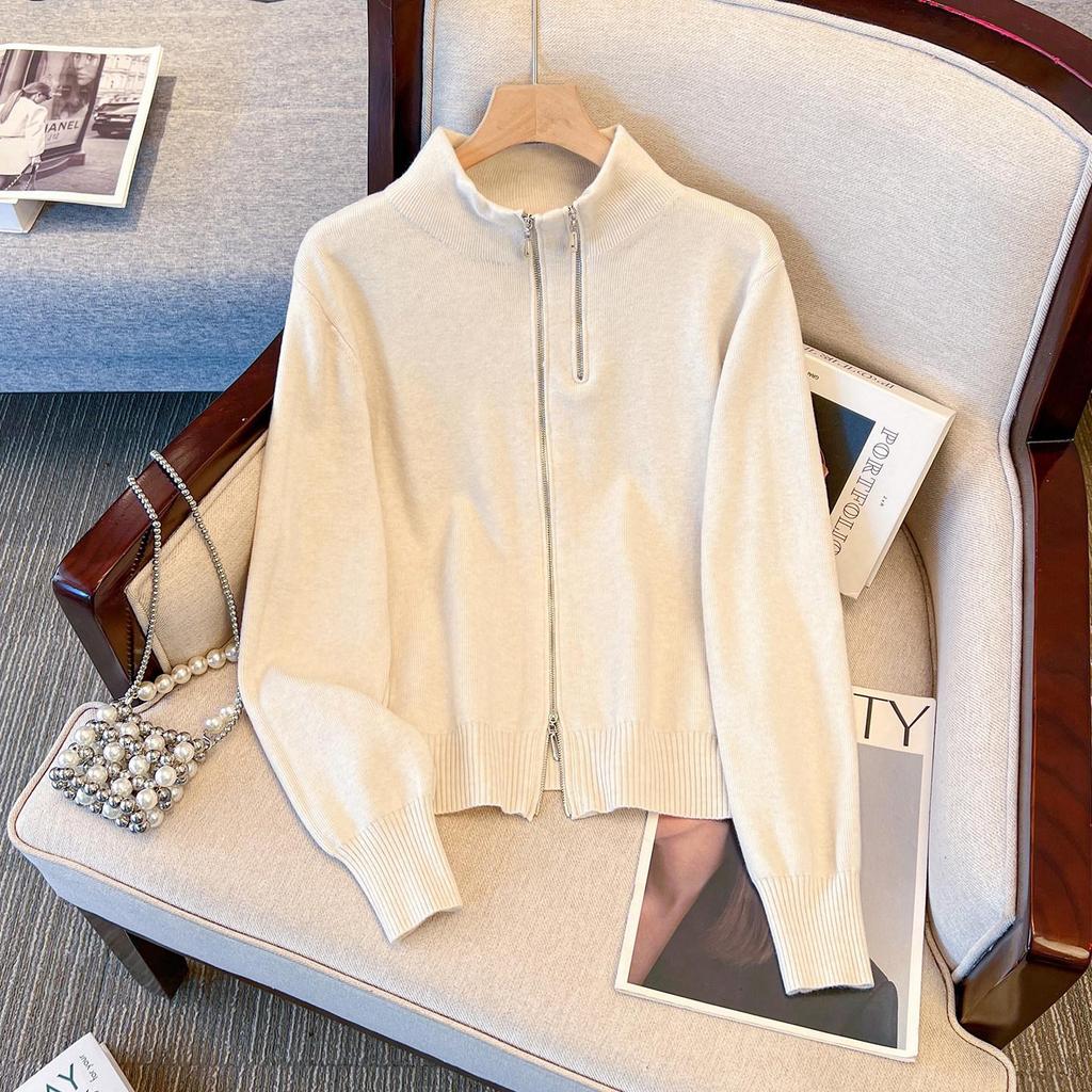 Gray Women's Knitted Sweater, Half-High Collar, Zipper Jacket, 2026 Spring Style - Versatile Base Layer or Outerwear