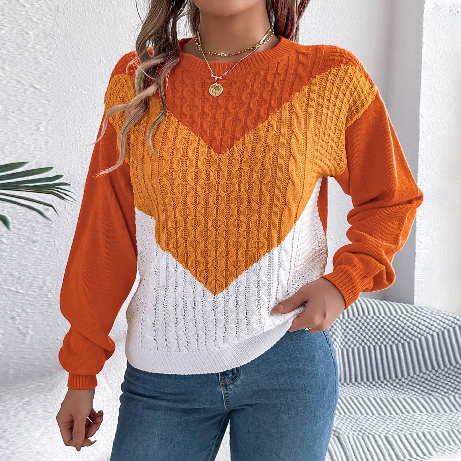 

Жіночий вільний в язаний светр з круглим вирізом контрастного кольору з довгим рукавом, пуловер XL помаранчевий