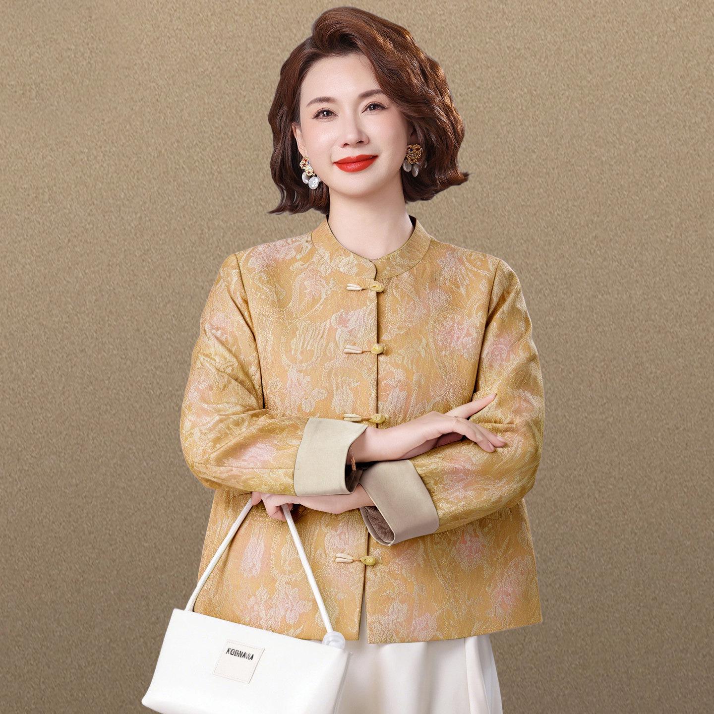 

2026 New Chinese Style Spring Jacket for Moms: Elegant Jacquard Top for Middle-Aged and Elderly Women L (Recommended below 110 lbs)
