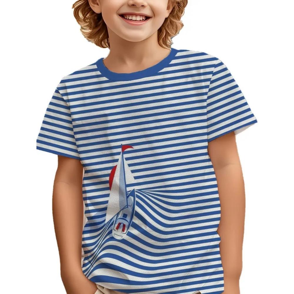 Children's clothing, solid color stripes, 3D printing, casual retro short sleeved T-shirt, summer round neck children's T-shirt