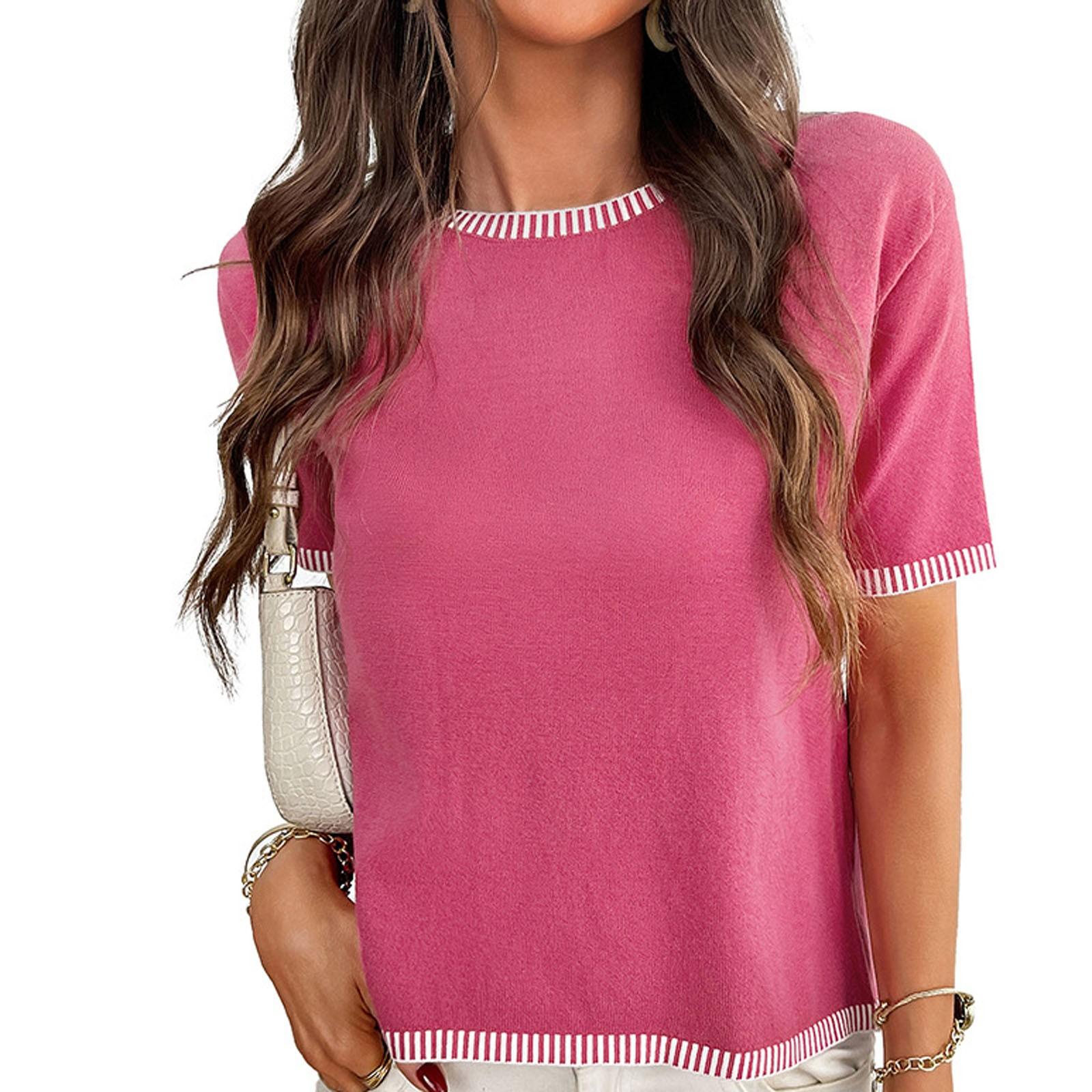 

Женский свободный повседневный пуловер с короткими рукавами и круглым вырезом, полосатый топ с короткими рукавами XL розовый