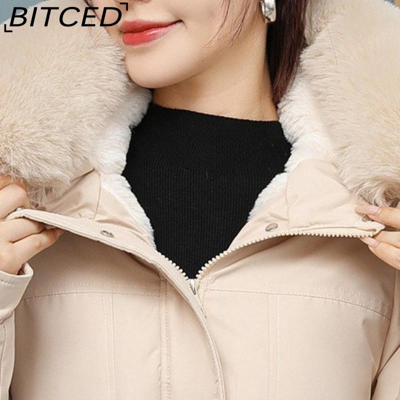BITCED Women's Fleece-Lined Thickened Puffer Coat - Short Winter Style with Large Fur Collar, Slim-Fit and Flattering Cotton-Blend Outerwear