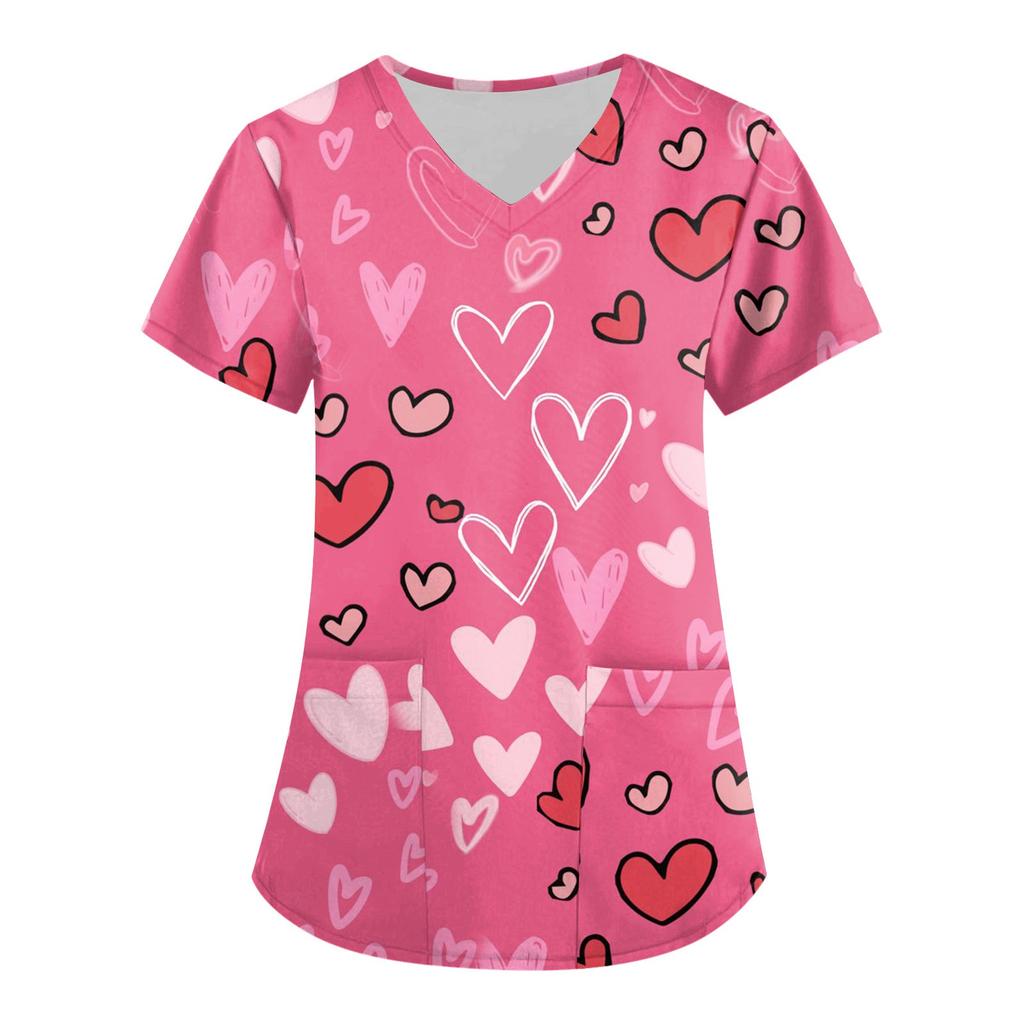 Women's Fashion V-neck Short Sleeve Workwear With Pockets Valentine's Day Printed Tops