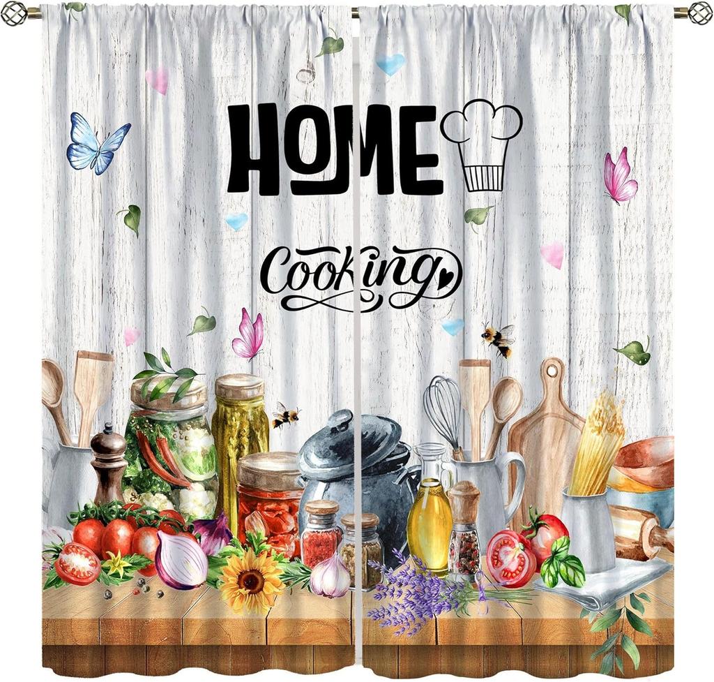 Chef Cooking Curtains For Kitchen,R Cartoon Rustic Vegetable Fruit Lattice Pastry Fat Chef Carrot Corn Gourmet Cookware Window