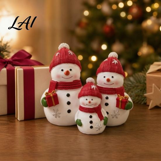 Holiday Atmosphere Decor Christmas Resin Snowman Figurine Cute Family of 3 Statue with Santa Gift for Friends Hat Red Scarf Tabletop Ornament