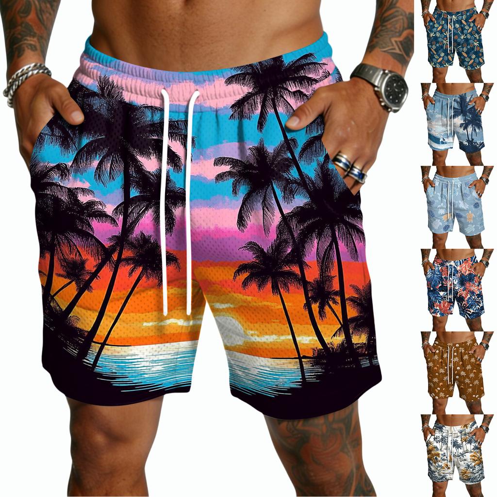 Mens Board Shorts with Drawstring Waist and Tropical Tree Print Quick Dry Swim Trunks for Beach Surf Sports