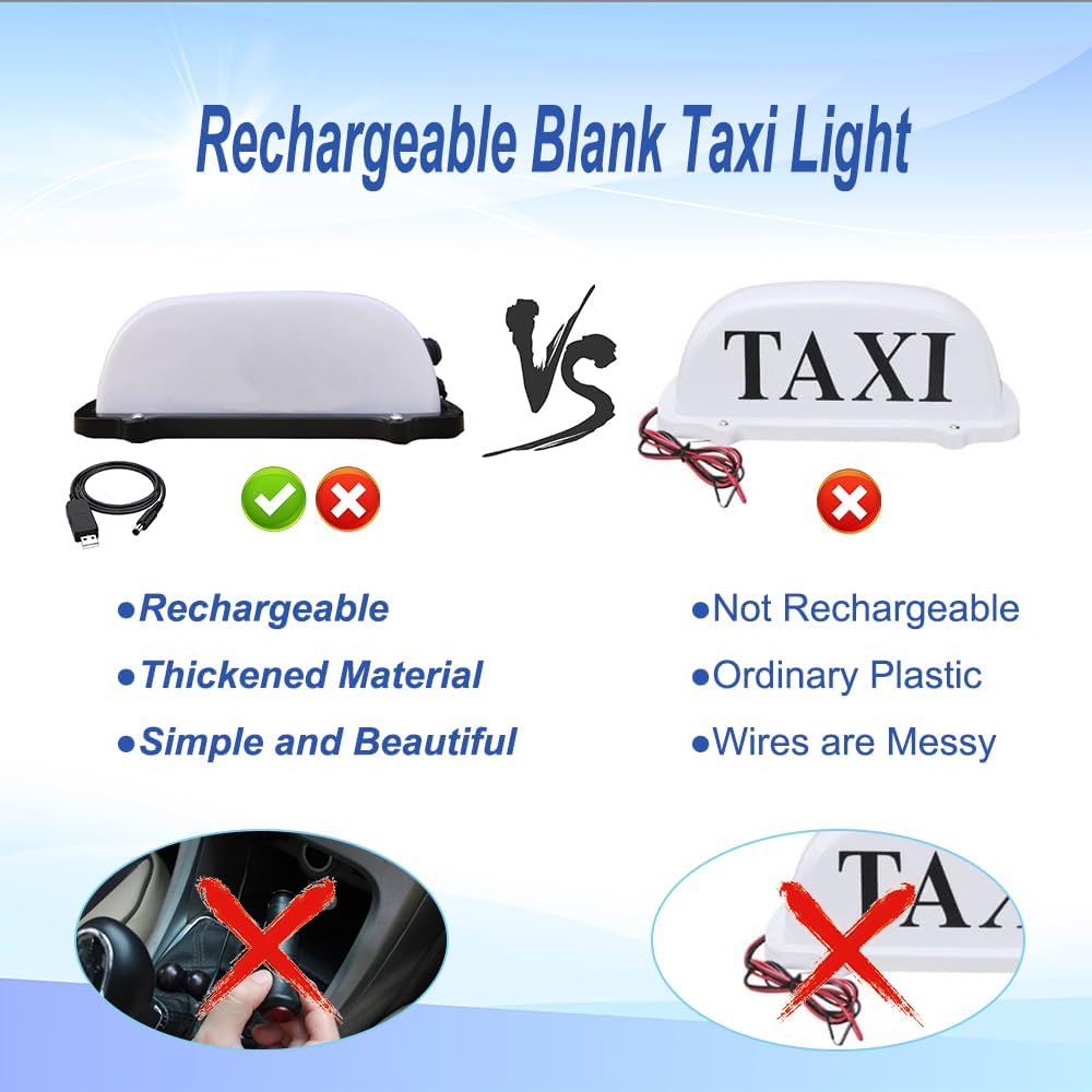 USB Rechargeable Battery Blank Taxi Top Light Roof Taxi Sign with Magnetic Base Waterproof Taxi Dome Light White Light DIY Sign Cab Lamp Advertising