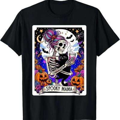 Spooky Mama Tarot Card Halloween Mom Skull Mama Black Cat T-Shirt