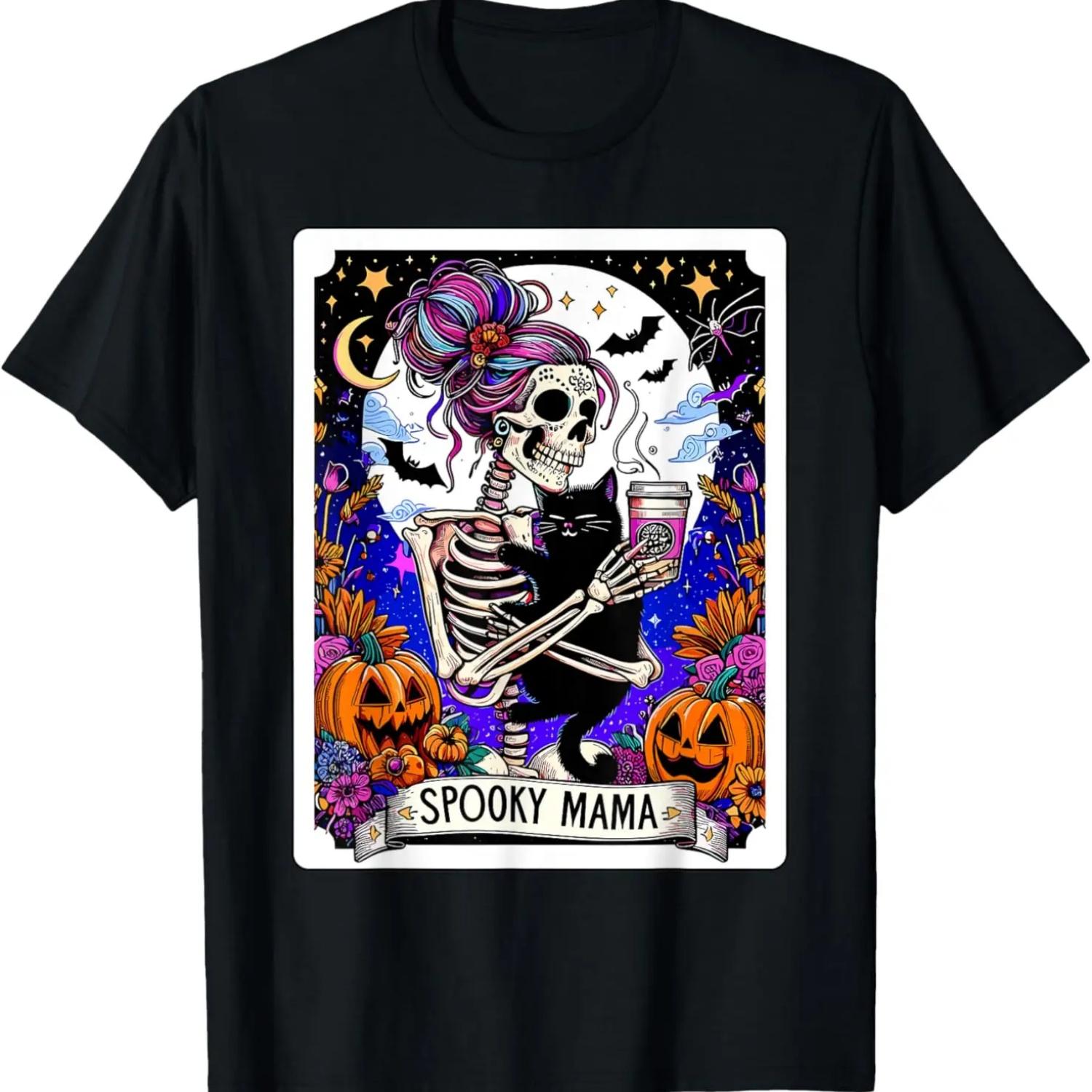 Spooky Mama Tarot Card Halloween Mom Skull Mama Black Cat T-Shirt S чёрный