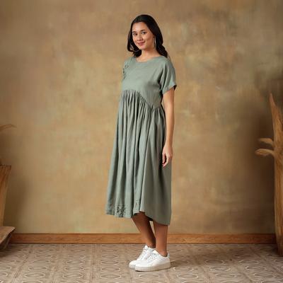 Summer Women's Cotton A-Line Midi Dress, Loose Relaxed Fit Short Sleeve Dress with Pockets for Everyday Wear