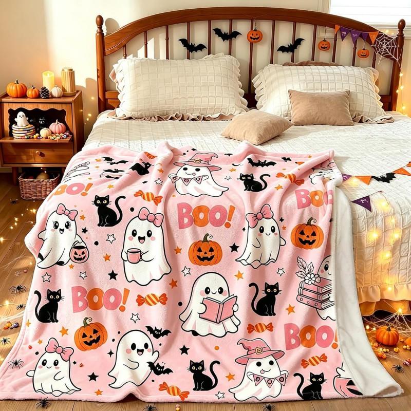 Halloween Pumpkin Ghost Flannel Blanket Sofa Nap All Season