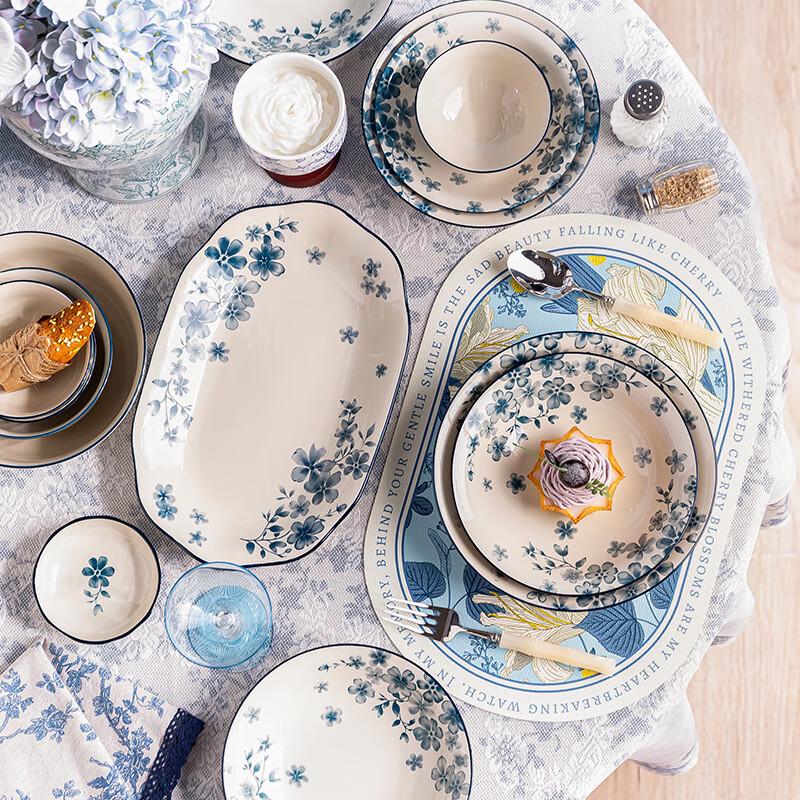 ZISIZ Blue Begonia Underglaze Ceramic Rice Bowl Set