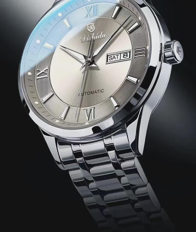 Lysende vanntett mekanisk klokke for menn med kalender